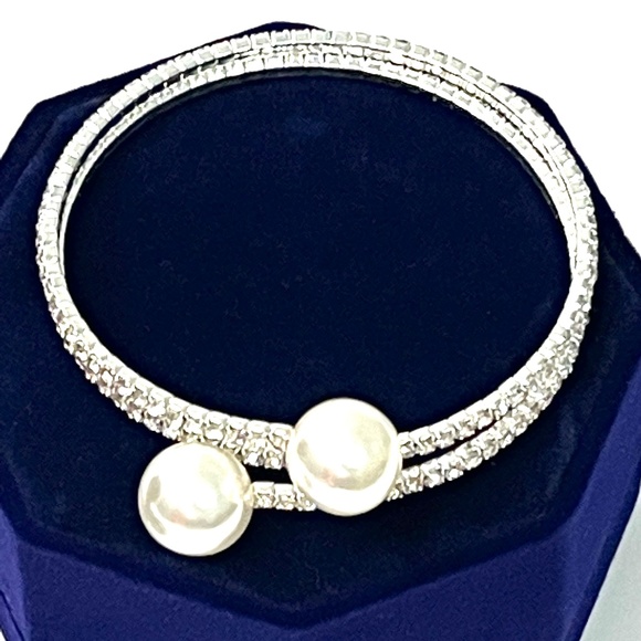 Jewelry - 2 Row Crystals with Simulated Pearl Coil Wrap Bracelet